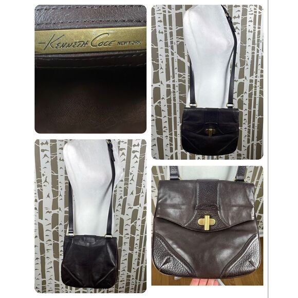 Kenneth Cole Dark Brown Leather Fold-over Crossbody Bag Purse - Picture 2 of 12